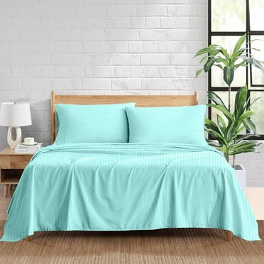 4-Piece Bed Sheet Set 600 Thread Count Aqua Blue Stripe 100% Egyptian Cotton – 15-Inch Deep Pocket, Twin Size, Soft & Luxurious