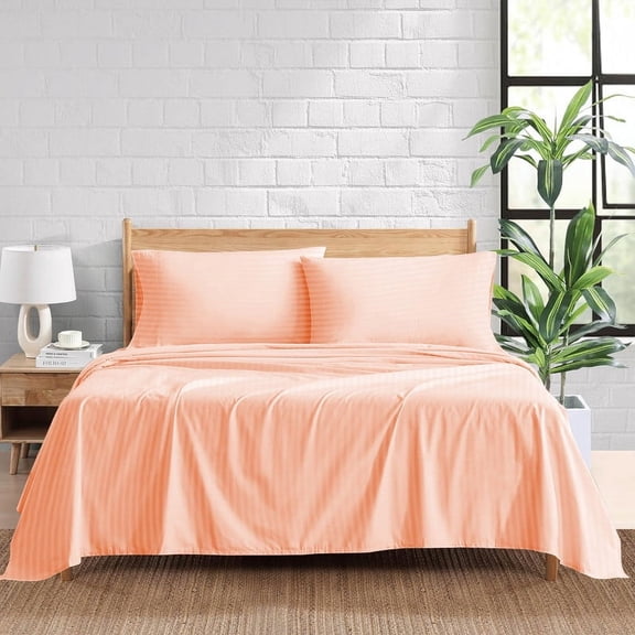 4-Piece Bed Sheet Set 600 Thread Count Peach Stripe 100% Egyptian Cotton – 15-Inch Deep Pocket, Twin Size, Soft & Luxurious