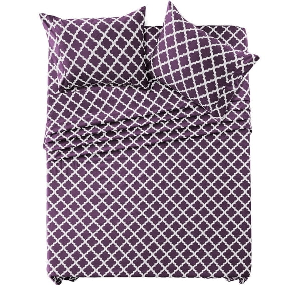 Lux Decor King Size Sheet Set 4 Piece, Soft Microfiber, Deep Pockets - Quatrefoil Pattern, 1 Fitted & 1 Flat Sheet, 2 Pillowcases, Purple