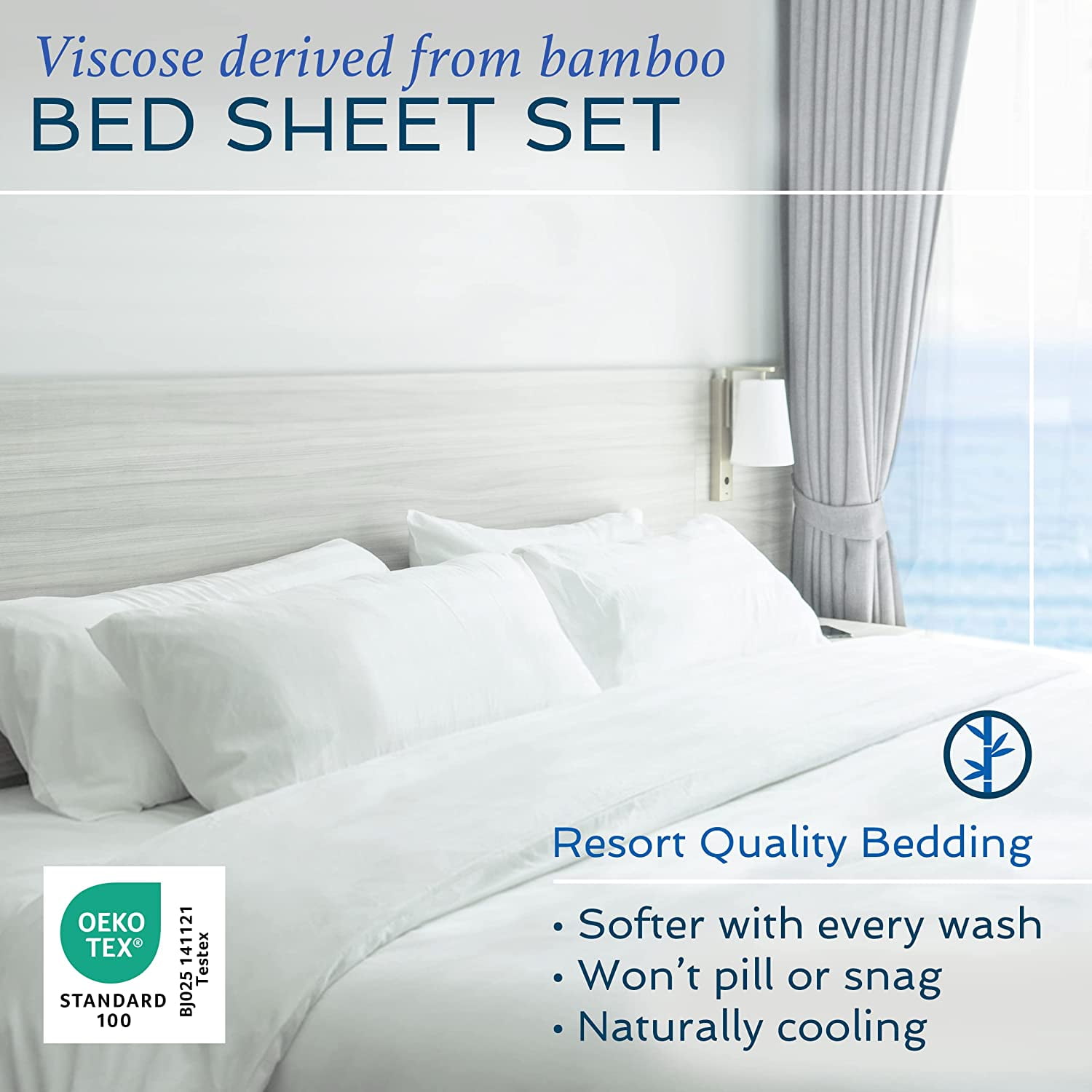 4 Piece Bed Sheet Set Full Size,  Viscose Derived from Bamboo Sheets Set with 2 Pillowcases, Cooling & Breathable Luxury Bedding, Moisture-Wicking & Silky Soft Texture, White