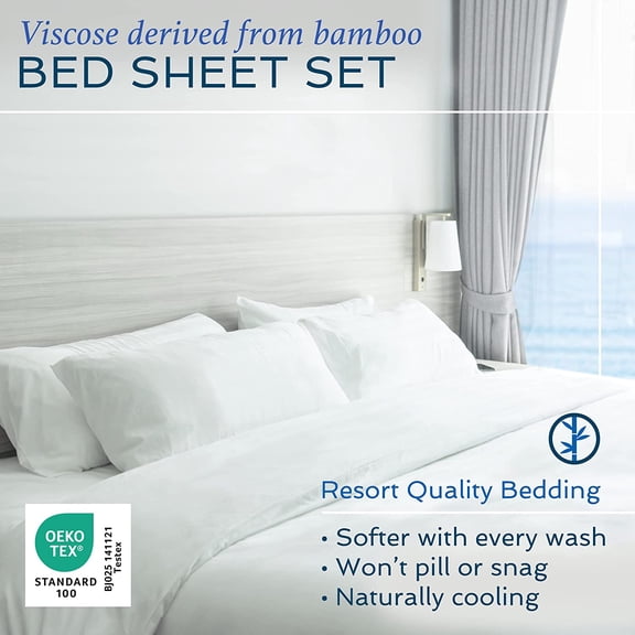 4 Piece Bed Sheet Set Full Size, Viscose Derived from Bamboo Sheets Set with 2 Pillowcases, Cooling & Breathable Luxury Bedding, Moisture-Wicking & Silky Soft Texture, White