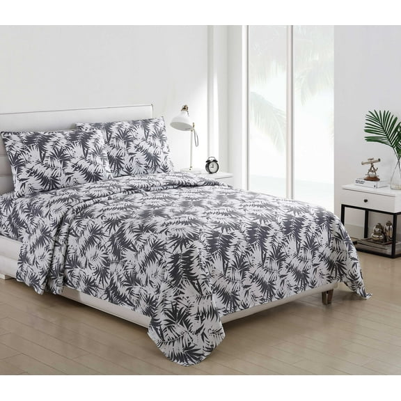 4 Piece Bed Sheet Set Gray and White Beach House Palm Fern Leaves Design (Full)