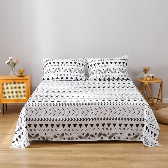 4 Piece Bed Sheet Set King Size ,100% Microfiber White Geometric Printed , Lightweight Wrinkle Resistant Deep Pocket Fitted Sheet Sets