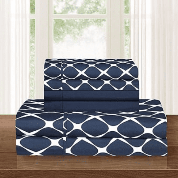 4-Piece Bed Sheet Set, Wrinkle Resistant Milano Trellis Pattern-1500 Thread Count Egyptian Quality Microfiber Bedding Set, Twin/Twin XL, Navy Blue