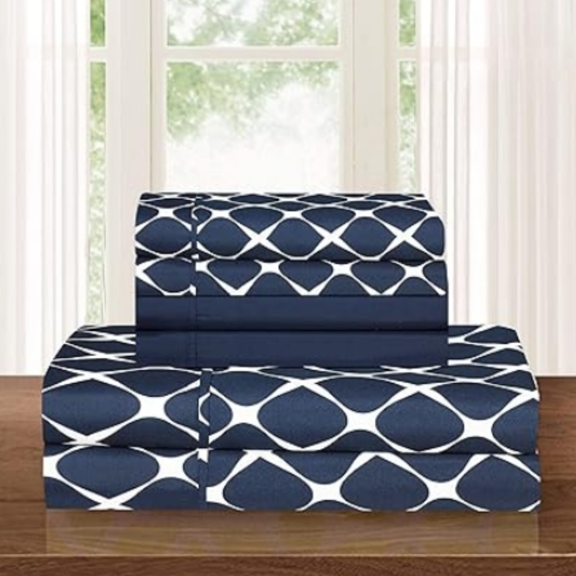 4-Piece Bed Sheet Set, Wrinkle Resistant Milano Trellis Pattern-1500 Thread Count Egyptian Quality Microfiber Bedding Set, Twin/Twin XL, Navy Blue