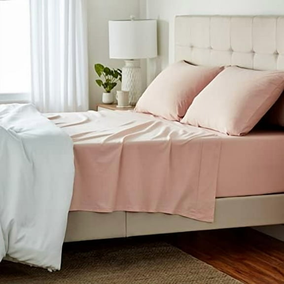 4 Piece Bed Sheets Set, 100% Cotton Jersey, Includes Super Soft, Flat and Fitted Sheets, Pillowcase, Queen, Blush, Solid