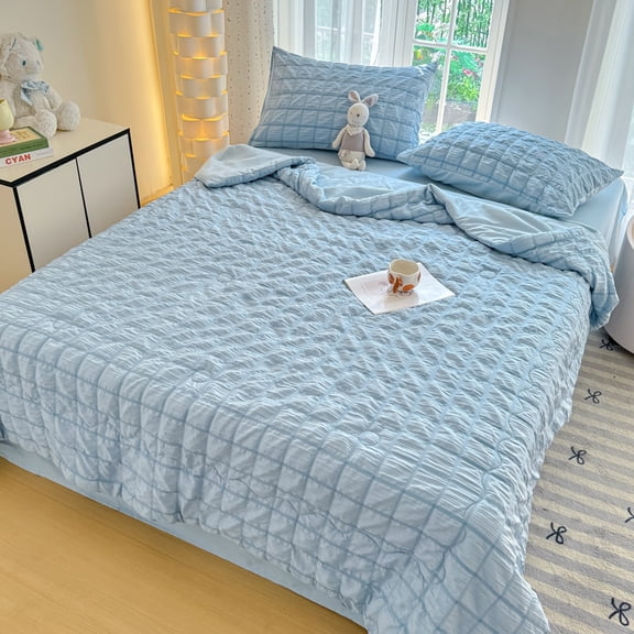 4 Piece Bedding Set, Seersucker Pintuck Summer Quilt With 2 Pillowcases, Breathable Soft Microfiber for All Seasons(1.8m-blue)Q