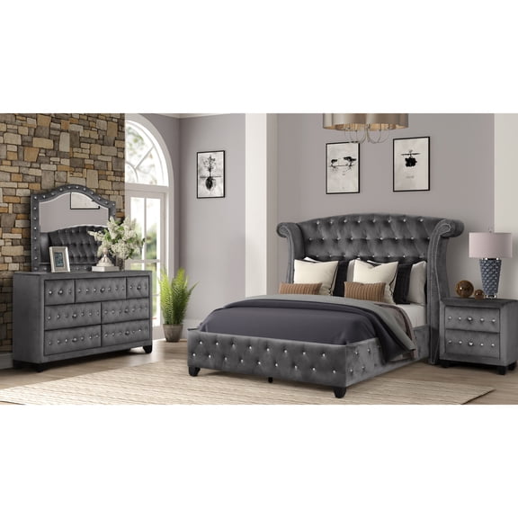 4 Piece Bedroom Full Size - Modern Design, Velvet Fabric Upholstery, Crystal , Wood Frame, Includes Bed, Nightstand, Dresser And Mirror, No Box Spring For A Relaxing Space Furniture In Gray With