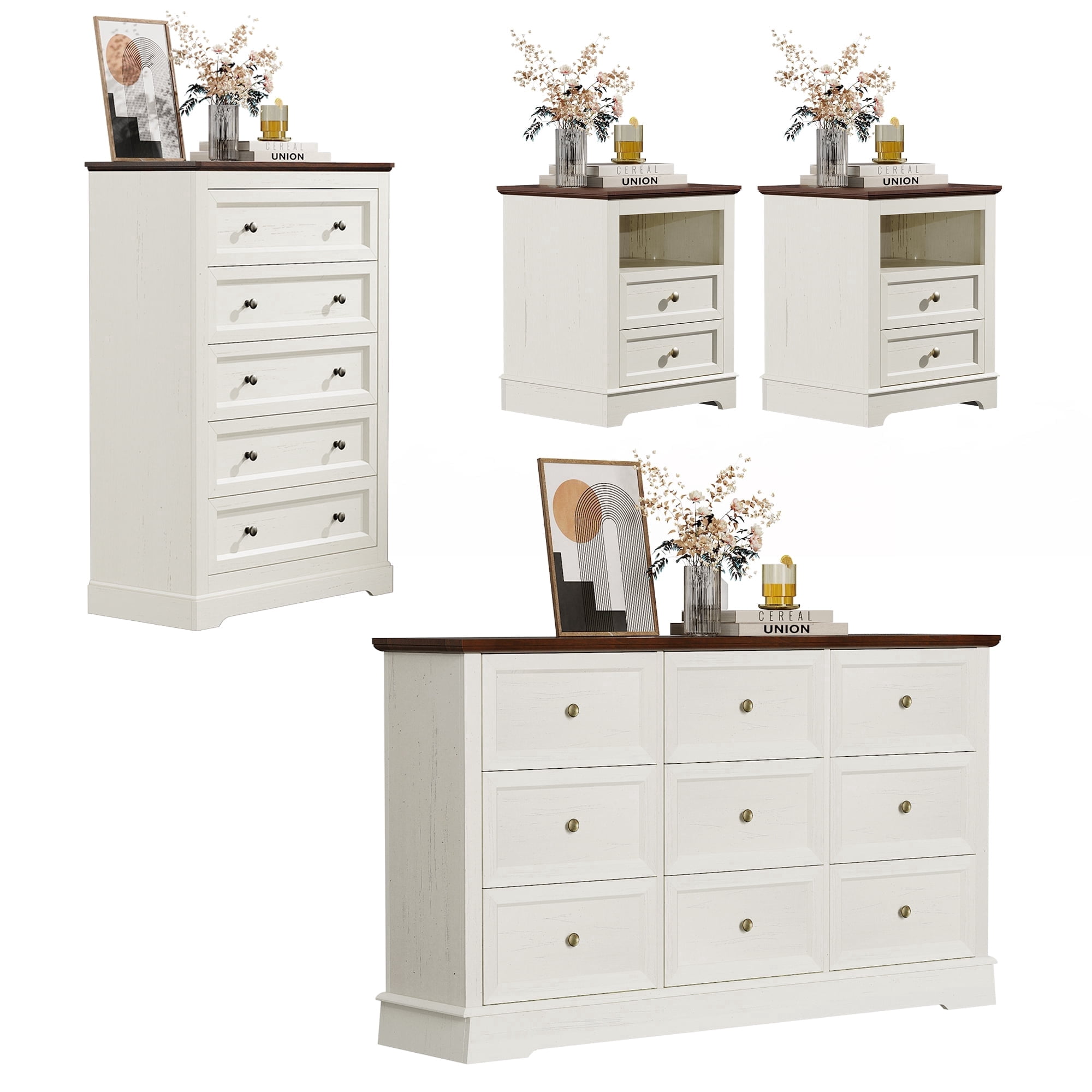Limthesky Dresser and Nightstand set，4 Piece Bedroom Furniture Set, Include 9 Drawer ,5 Drawer Dresser & 2 Nightstands with Charging Station, Wood Chest with Anti-Tip Kit, White