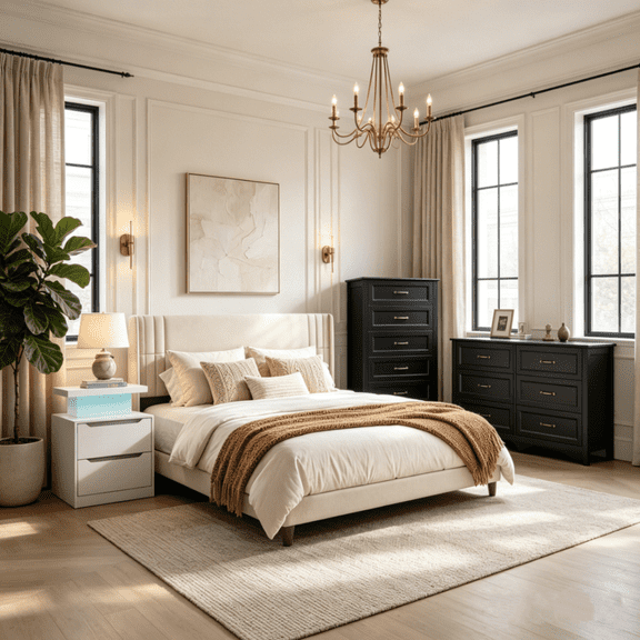 4 Piece Bedroom Furniture Set - Queen Bed Frame with LED Lights & Charging Station + Nightstands with Gold Handles + 5-Drawer and 6-Drawer Dresser with Anti-Tip Safety - Gray