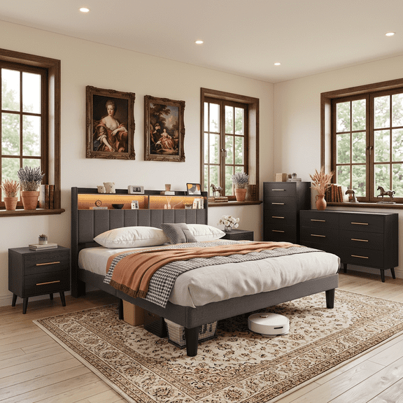 4 Piece Bedroom Furniture Set - Queen Bed Frame with LED Lights & Charging Station + Nightstands with Gold Handles + 5-Drawer and 6-Drawer Dresser with Anti-Tip Safety - Gray