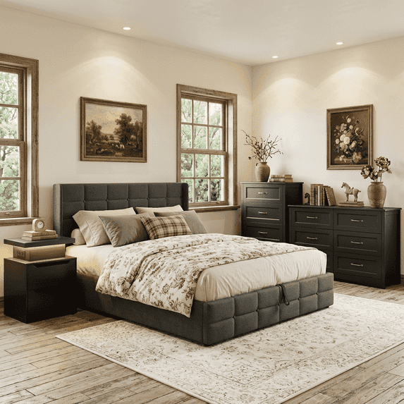 4 Piece Bedroom Furniture Set - Queen Bed Frame with Lift-up Platform Storage and Wingback + Nightstand with USB Charging and LED Lights + Tall 5-Drawer and Wide 6-Drawer Dresser with Anti-Tip Safety