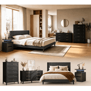 4-Piece Complete Bedroom Furniture Set, Upholstered Queen Platform Bed Frame, LED Nightstand, Wide Dresser & Tall Chest of Drawers, Modern Storage Bedroom Colle