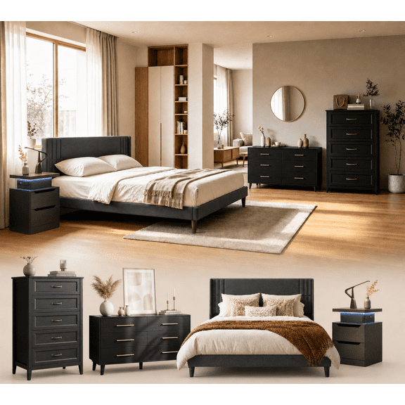 4-Piece Complete Bedroom Furniture Set, Upholstered Queen Platform Bed Frame, LED Nightstand, Wide Dresser & Tall Chest of Drawers, Modern Storage Bedroom Collection for Apartment Guest Room - Gray