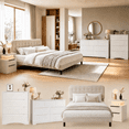 thumbnail image 1 of 4-Piece Bedroom Furniture Set, Queen Upholstered Bed Frame with Adjustable Headboard, Smart Nightstand with Charging Station & RGB LED Lights, 4-Drawer Dresser & 7-Drawer Chest Set, White & Beige, 1 of 13