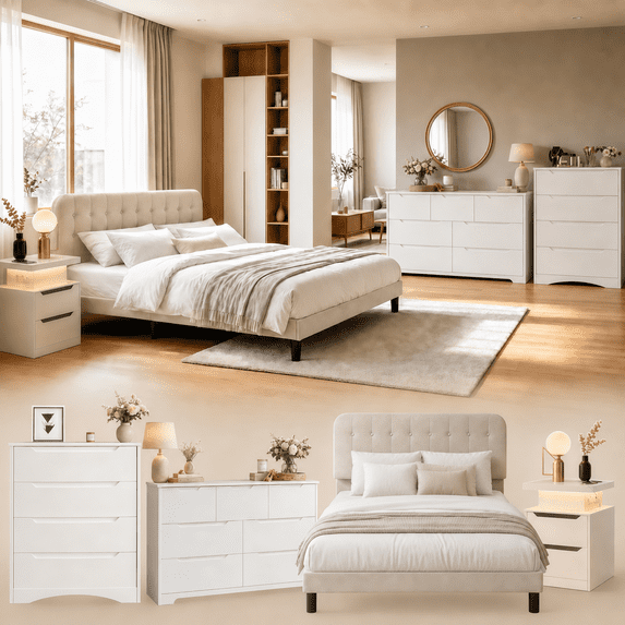 4-Piece Bedroom Furniture Set, Queen Upholstered Bed Frame with Adjustable Headboard, Smart Nightstand with Charging Station & RGB LED Lights, 4-Drawer Dresser & 7-Drawer Chest Set, White & Beige