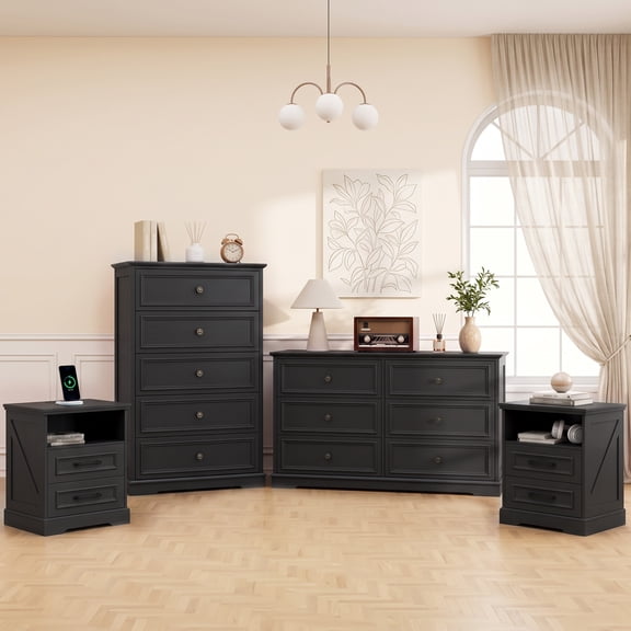 4-Piece Bedroom Set, 6 Drawer Dresser , 5 Drawer Dresser, 2 Pcs Nightstands, Black Dressers, Retro Dresser Set for Bedroom & Living Room