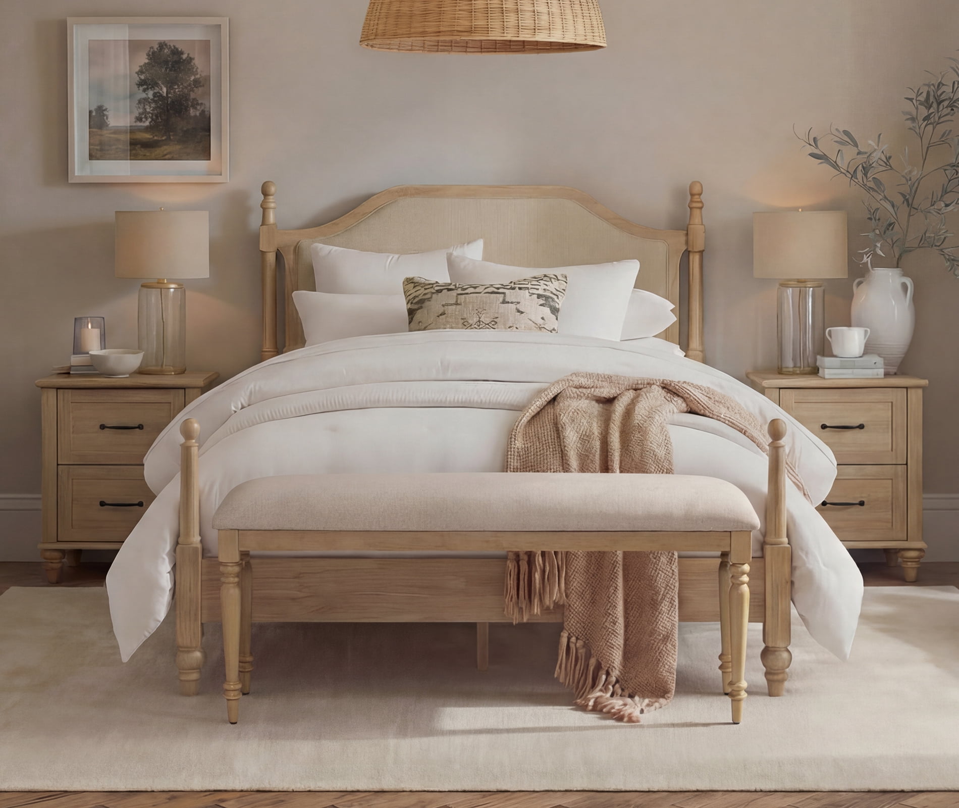 4 Piece Bedroom Set, Queen Bed Frame & 2 Nightstands with Charging Station & Upholstered End of Bed Bench, Oak