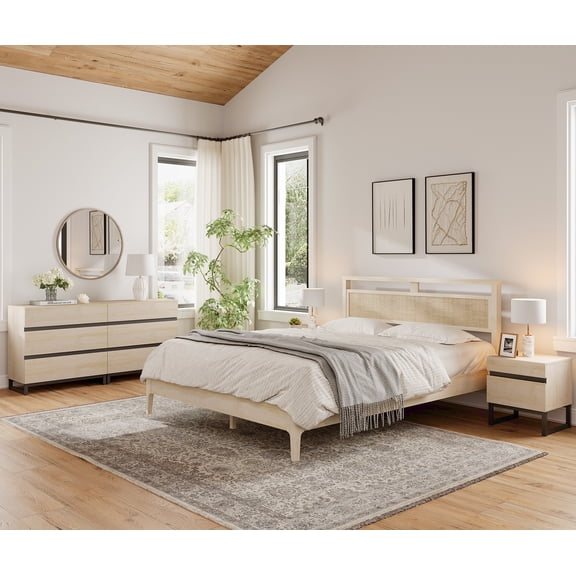 4-Piece Bedroom Set, Queen Bed Frame with Rattan Headboard, 6 Drawers Dresser & Set of 2 Nightstands