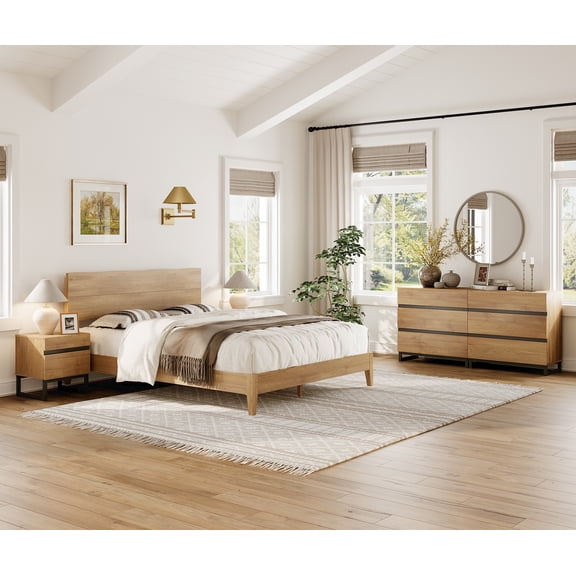 4-Piece Bedroom Set, Queen Bed Frame with Wave Headboard, 6 Drawers Dresser & Set of 2 Nightstands