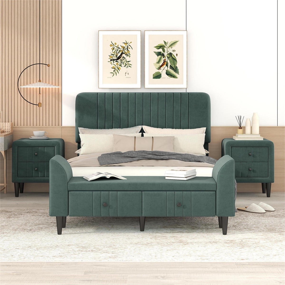 4 Piece Bedroom Sets Full Size Upholstered Platform Bed Frame with
