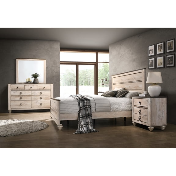 4-Piece Bedroom Suite | King Bed, Dresser, Mirror & Nightstand for Bedroom | Rubberwood with Light Brown Tone | Turned Bun Feet for Elegance