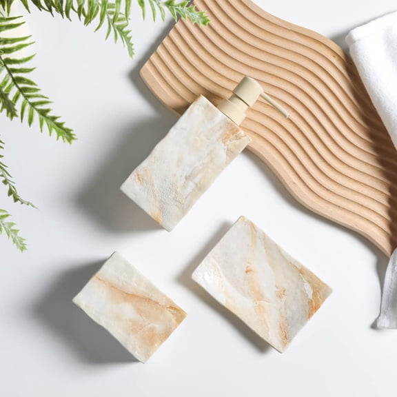 4 Piece Beige Marble Look Ceramic Bathroom Accessories Set