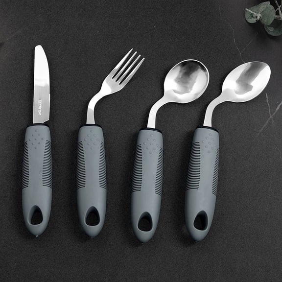 4 Piece Bendable Weighted Adaptive Eating Utensil Set, Non Slip TPR Handle Stainless Steel Tremor Resistant Silverware for Elderly, Hand Tremors & Rehabilitation