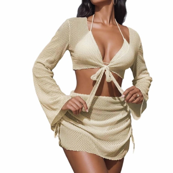 4 Piece Bikini Sets for Women with Cover Ups Triangle Thong Bathing Suit Halter Swimsuits Travel Outfits (S, Beige)