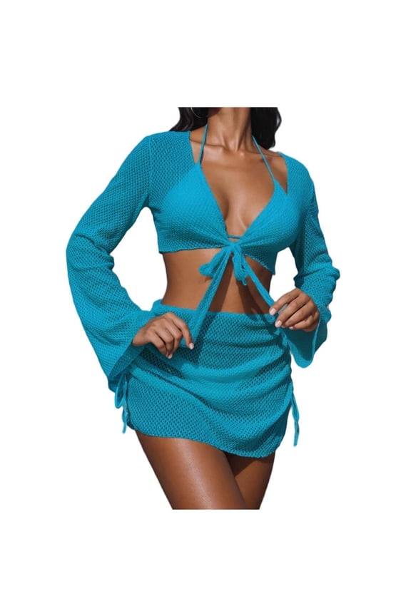 4 Piece Bikini Sets for Women with Cover Ups Triangle Thong Bathing Suit Halter Swimsuits Travel Outfits (S, Sky Blue)