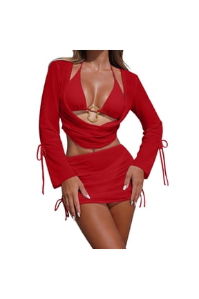 4 Piece Bikini Sets for Women with Wrap Coverup Bathing Suit Halter Top High Waisted Triangle Swimsuits Red M(M)