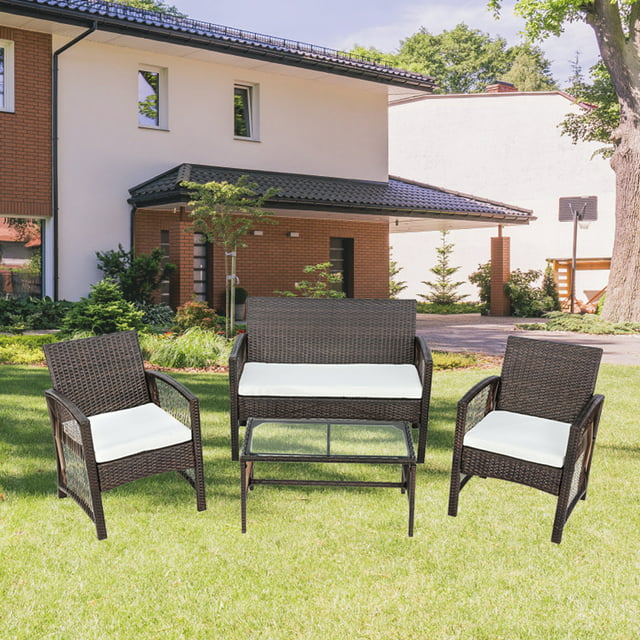4 Piece Bistro Patio Set, Rattan Wicker Outdoor Patio Furniture Dining Sets, 2pcs Arm Chairs 1pc Love Seat&Coffee Table, Outdoor Conversation Sets for Backyard Poolside Garden, Brown, W7783