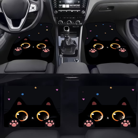 4-Piece Black Cat Car Floor Mats, Universal Fit Auto Floor Liners for Cars Trucks Suvs, Anti-Slip All-Weather Interior Protection, Easy Clean Set