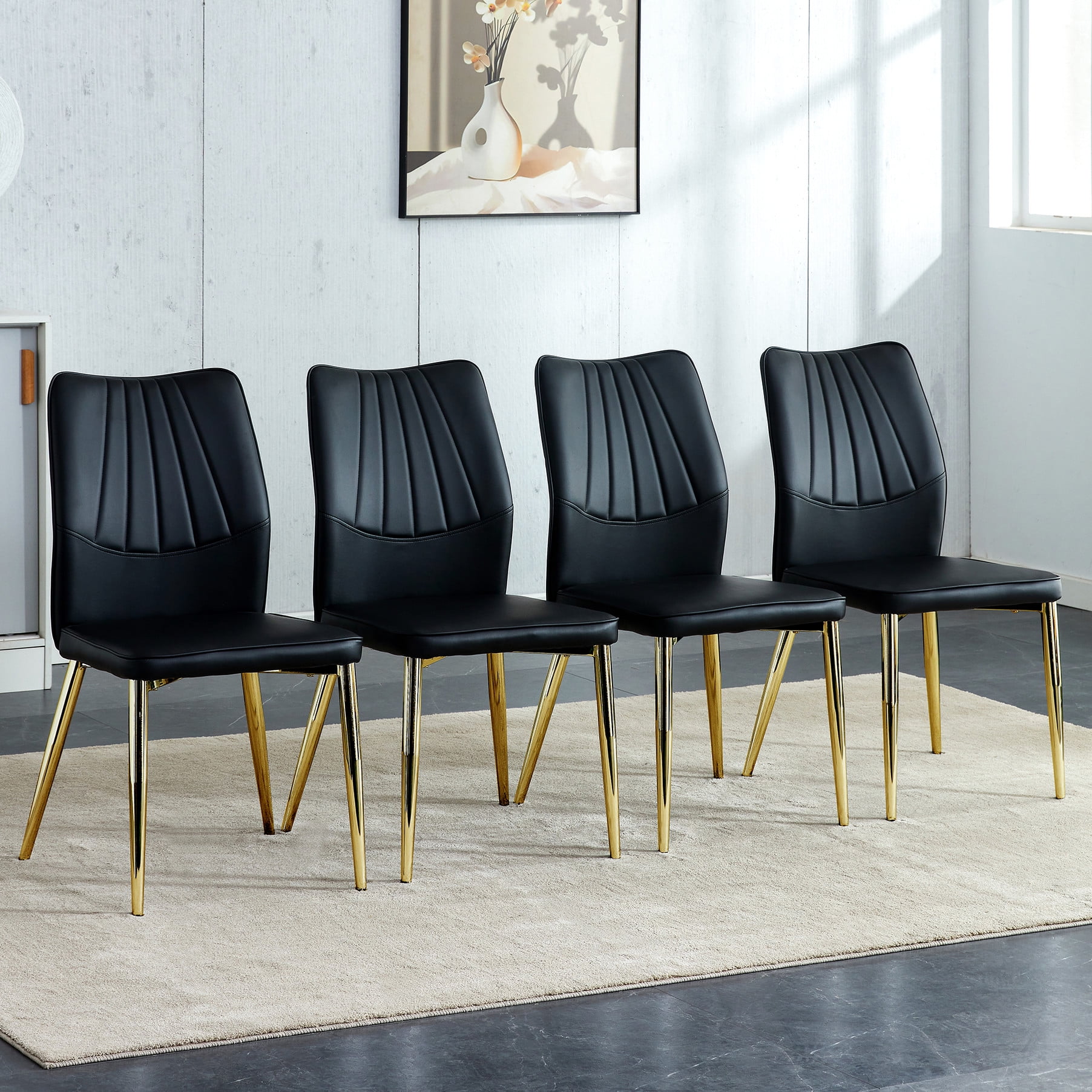4 Piece Black Dining Chair - Pu Material With Soft Padding And Golden ...