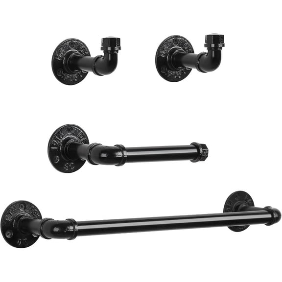 4-Piece Black Industrial Pipe Bathroom Hardware Set, Wall Mount Rustic Kit with Towel Rack, Toilet Paper Holder & 2 Robe Hooks for Bathroom Decor