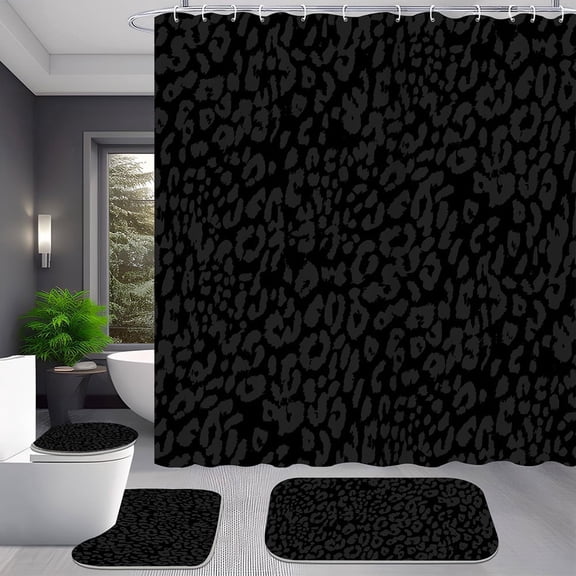 4-Piece Black Leopard Cheetah Shower Curtain Set with Rugs for Bathroom