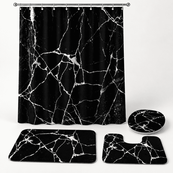 4-Piece Black Marble Bathroom Accessory Set with Shower Curtain, Rugs, Lid Cover and Hooks