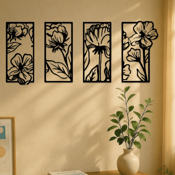 4-Piece Black Metal Floral Wall Art Set Modern Botanical Home Decor | Elegant Iron Wall Hangings for Living Room Bedroom & Office,room Decorhalloween Decoration Stuffliving Room Decor"