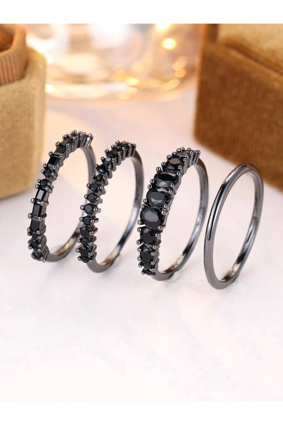 4-Piece Black Stackable Rings Set With Synthetic Zirconia, Minimalist Shiny Design For Women