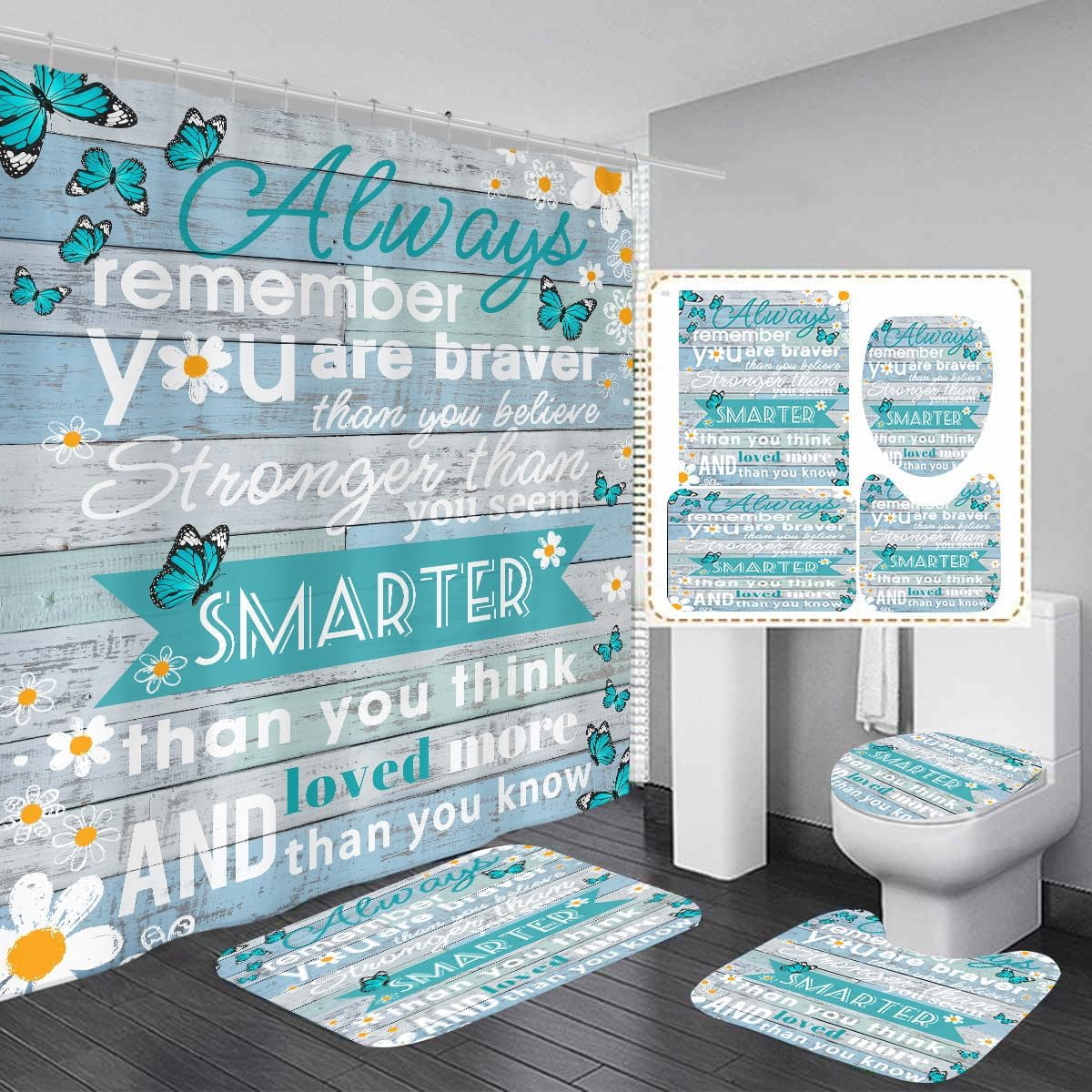 4 Piece Black and White Shower Curtain Set Pink Grey Girls Butterfly