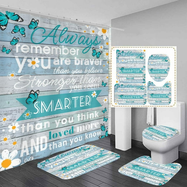 4 Piece Black and White Shower Curtain Set Pink Grey Girls Butterfly