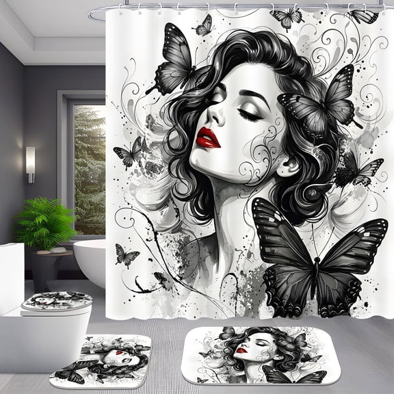 4-Piece Black and White Woman Red Lips Butterfly Shower Curtain Set