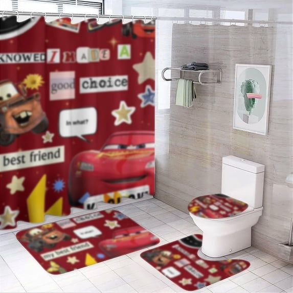 4 Piece Blue Anime Shower Curtain Set with Non-Slip Rug, Thickened Toilet Lid Cover and Bath Mat,Waterproof Anime Shower Curtain Sets for Bathroom With12 Hooks - Cartoon Cars Patterns 36x72 in