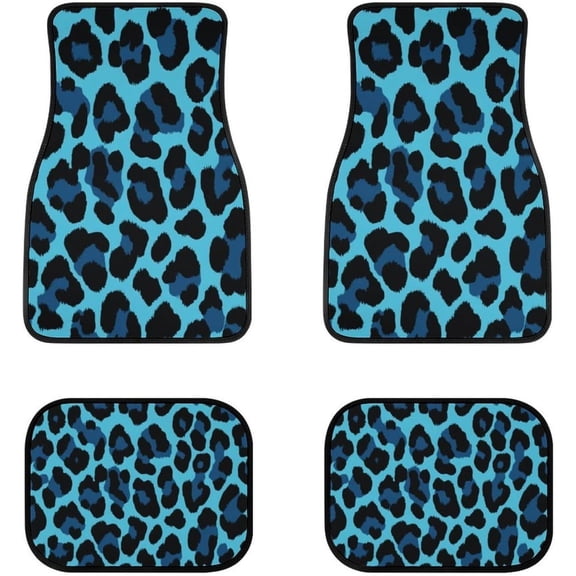 4-Piece Blue Black Leopard Print Rubber Backing Vans Sedans Car Floor Mats, Universal Fit Polyester All Weather Auto Floor Liners for Cars Trucks Suvs, Anti-Slip Easy Clean Interior Set