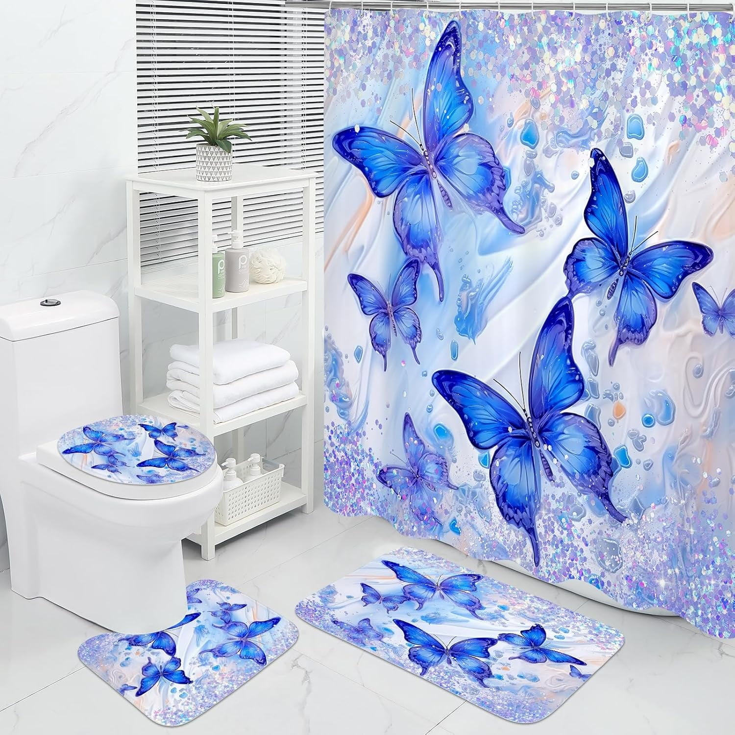 4 Piece Blue Floral Butterfly Bathroom Set with Shower Curtain and Rugs ...