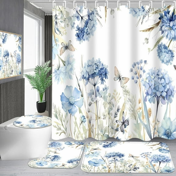 4-Piece Blue Floral Shower Curtain Set Butterfly Flowers Bathroom Set with Shower Curtain and Rugs, Blue White Bath Curtain with Hooks for Farmhouse Home Decor