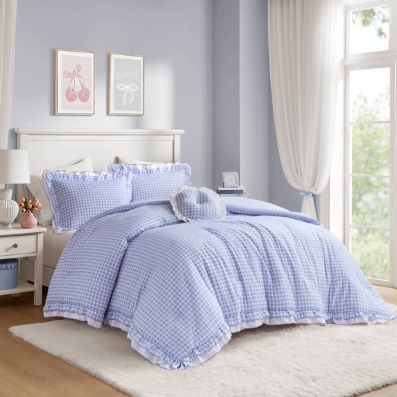 4-Piece Blue Gingham Ruffle Comforter Set - Full/Queen Size Brushed Microfiber Machine Washable
