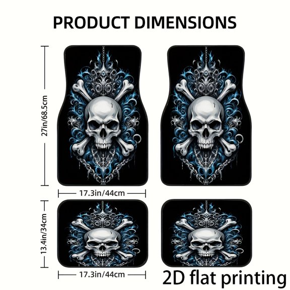 4-Piece Blue Silver Skull Car Floor Mats, Universal Fit Auto Floor Liners For Cars Trucks Suvs, Anti-Slip All-Weather Interior Protection, Easy Clean Set