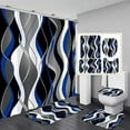 thumbnail image 1 of 4 Piece Blue and Black Striped Shower Curtain Set Grey and White Bathroom Set, 1 of 13
