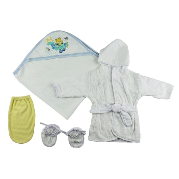 Boys Infant Robe, Hooded Towel and Washcloth Mitt - 3 Pc Set